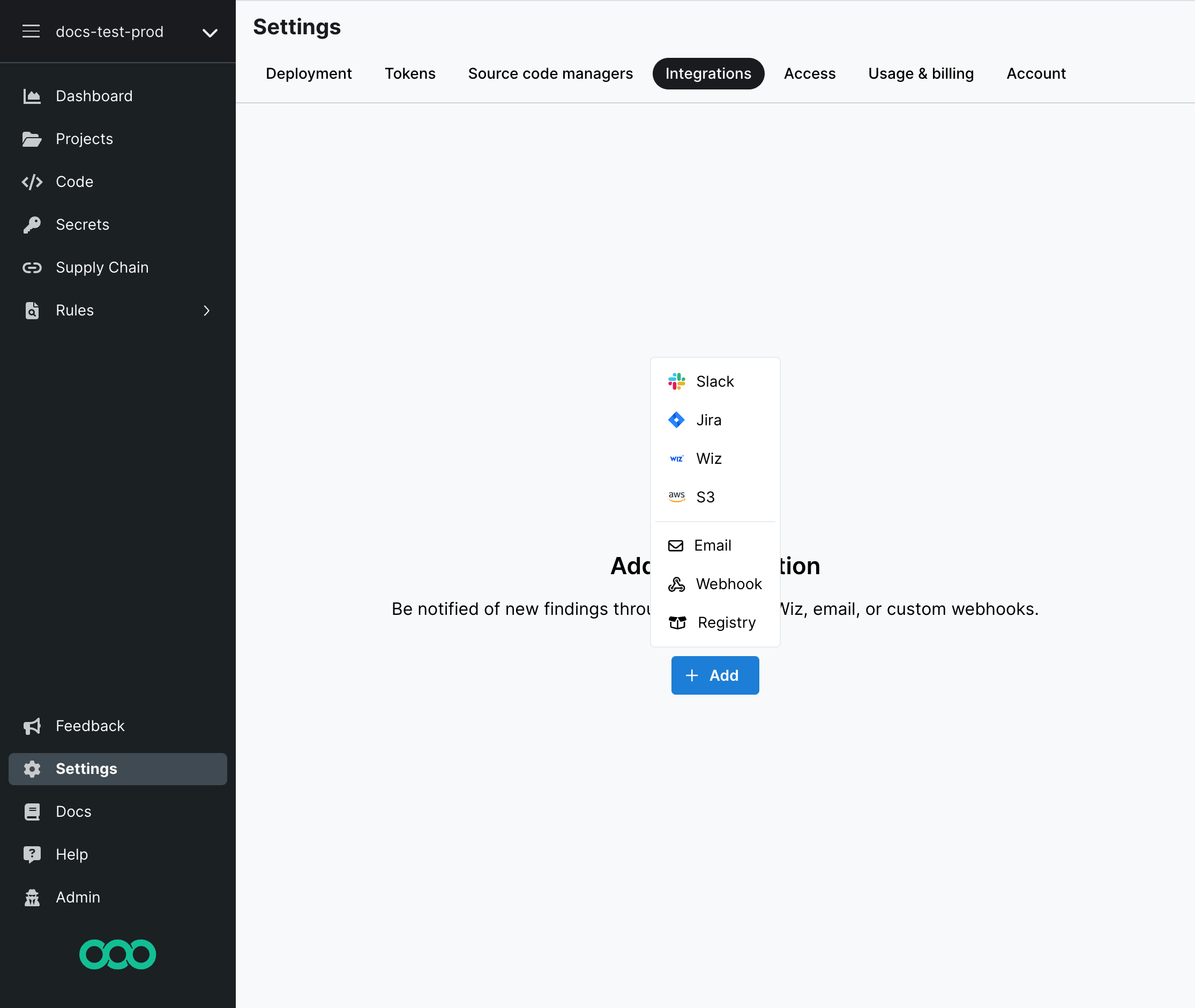 Integrations page while adding the first integration.