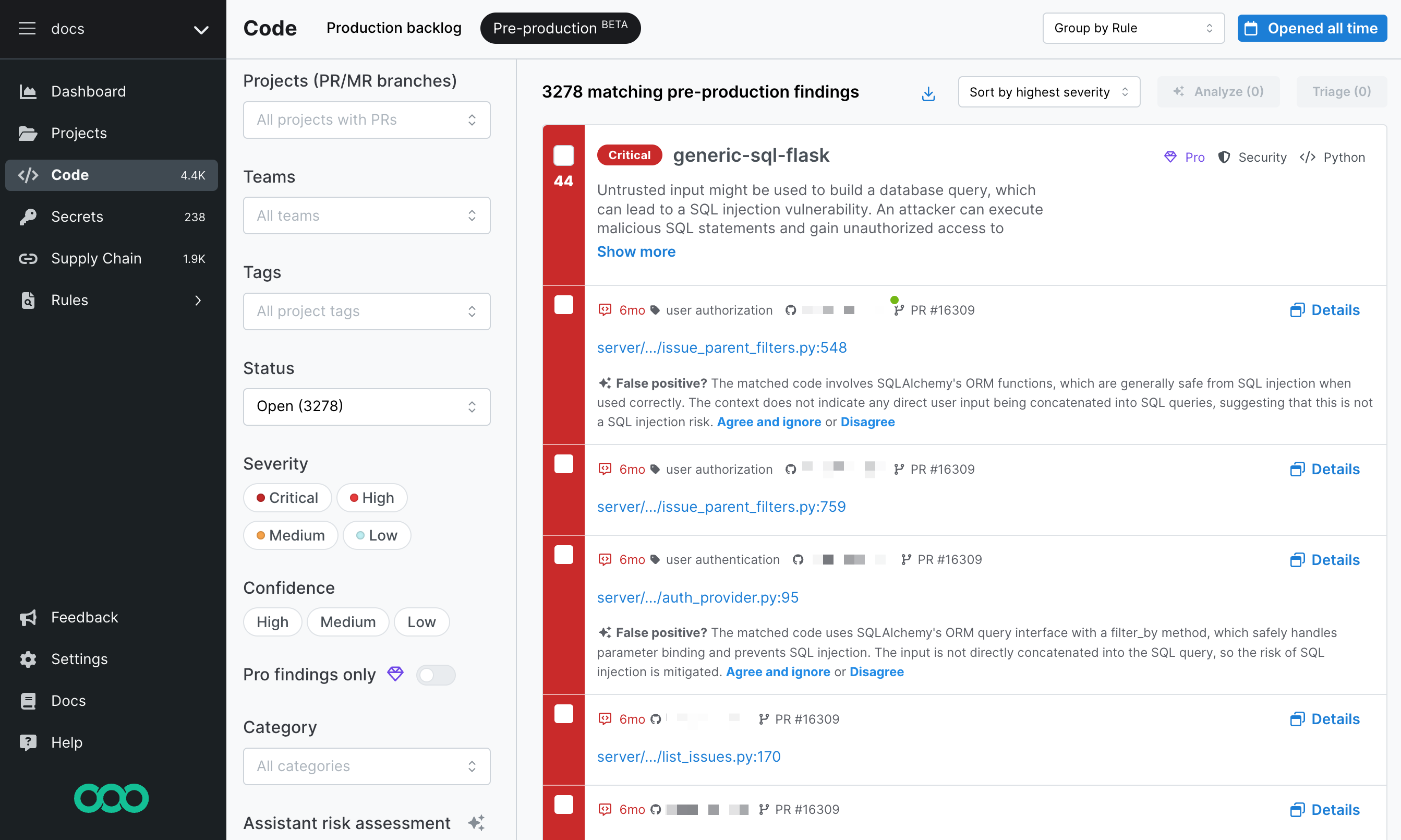 Semgrep AppSec Platform&#39;s Pre-production backlog page